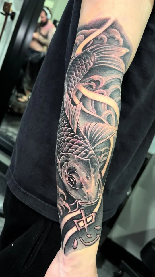 Koi fish leg sleeve tattoo by Alex Zamora